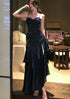 Navy Blue Mermaid Straps Sweetheart Long Evening Dress, Navy Blue Satin Prom Dress