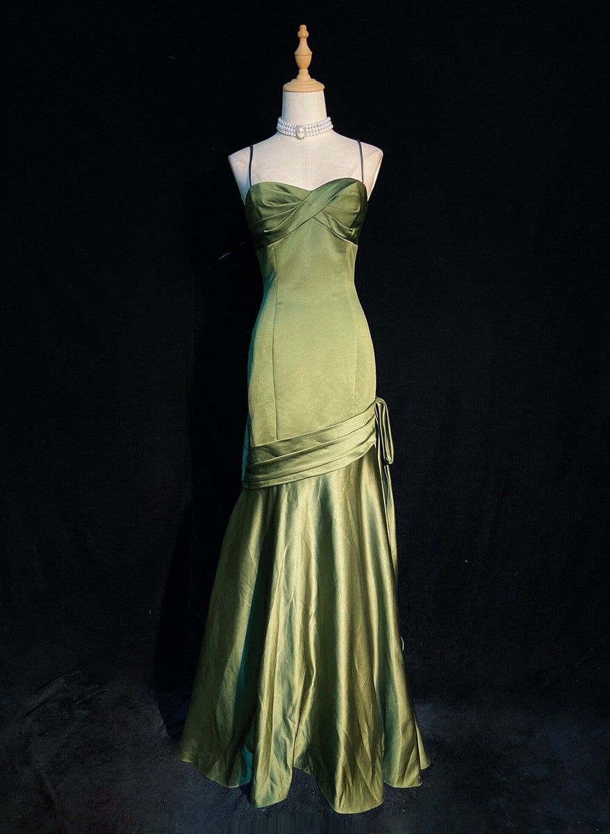Green Satin Sweetheart Straps Long Evening Dress, Long Green Wedding P