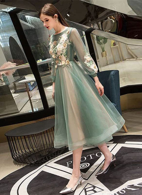 Green Floral Long Sleeves Tea Length Party Dress, Green Bridesmaid Dress