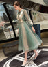 Green Floral Long Sleeves Tea Length Party Dress, Green Bridesmaid Dress