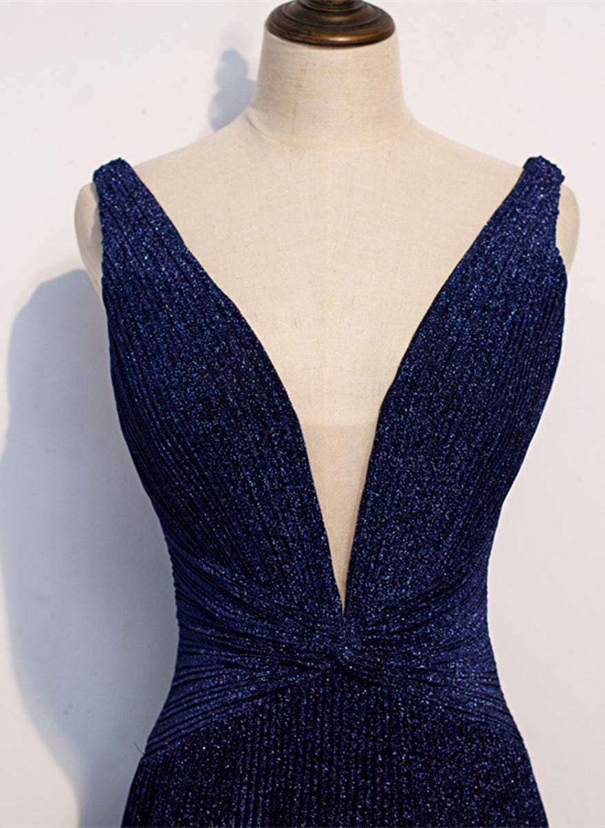 A-line Navy Blue V-neckline Long Party Dress, Navy Blue Long Prom Dres