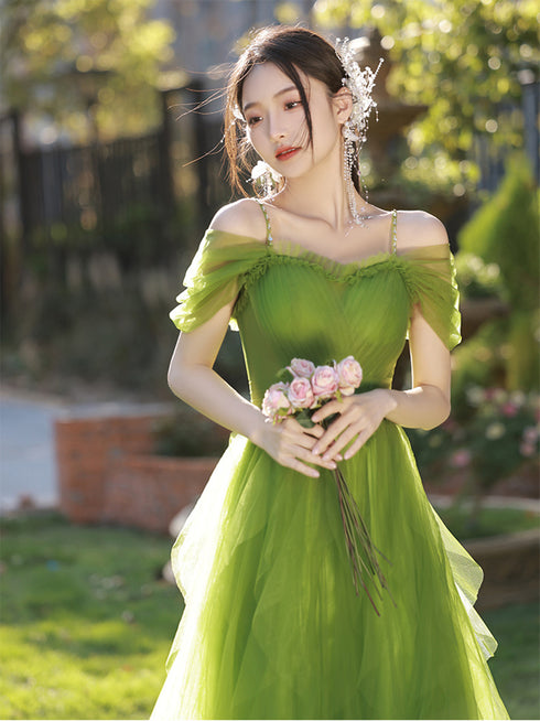 Lovely Green Tulle Beaded Straps Short Party Dress, Green Short Homecoming Dress