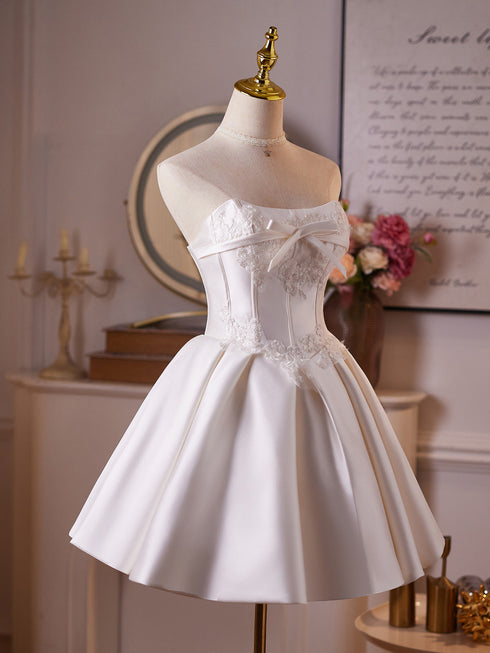 Elegant Satin Strapless Short Party Dress with Lace Applique, Strapless Corset Graduation Dress