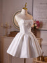 Elegant Satin Strapless Short Party Dress with Lace Applique, Strapless Corset Graduation Dress