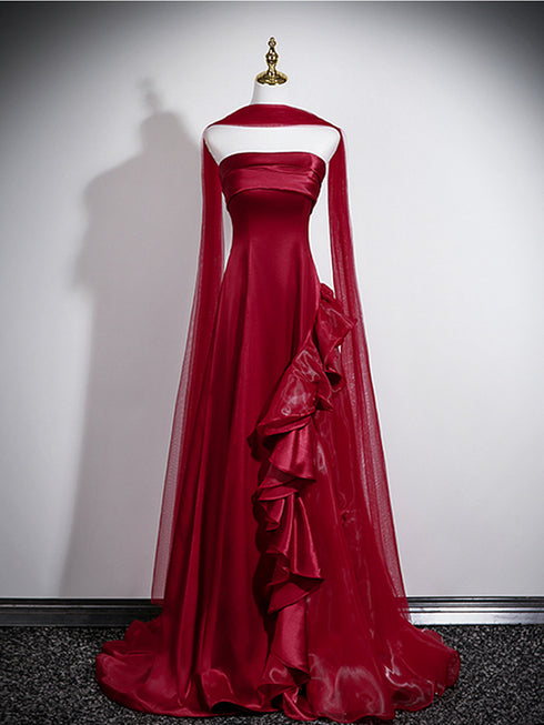 Strapless Wine Red Formal Gown With Organza Skirt, Wine Red Satin A-Line Prom Dress