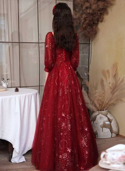 Wine Red Tulle Shiny Tulle Puffy Sleeves Prom Dress, Wine Red Long Party Dress