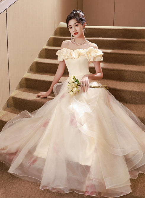 A-line Light Champagne Off Shoulder Prom Dress, Off Shoulder Evening Dress