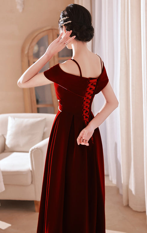 Wine Red Off Shoulder Straps Tea Length Formal Dress, Wine Red Homecoming Dress