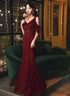 Wine Red Mermaid Tulle Beaded V-neckline Prom Dress, Wine Red Evening Dress