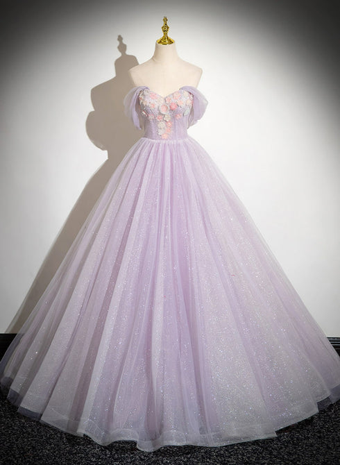 Lavender Tulle Sweetheart Off Shoulder Long Formal Dress, Lavender Prom Dress