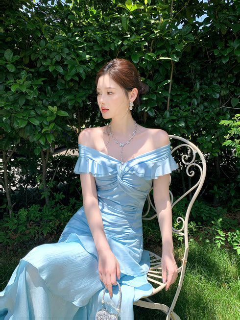 Light Blue Off Shoulder Sweetheart Long Formal Dress, Light Blue Ruffled Floor Length Party Dress