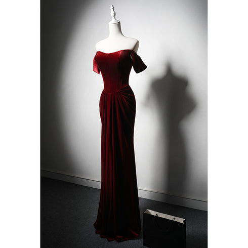 Wine Red Velvet Off Shoulder Long Mermaid Prom Dress, Wine Red Velvet Eveing Dress
