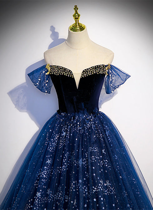 Navy Blue Tulle Off Shoulder Beaded Long Party Dress, Navy Blue Tulle Prom Dress