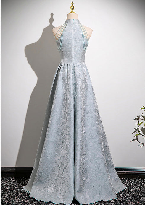 A-line Sliver-Grey Floor Length Satin Prom Dress, A-line Halter Evening Dress Prom Dress