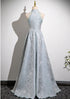 A-line Sliver-Grey Floor Length Satin Prom Dress, A-line Halter Evening Dress Prom Dress