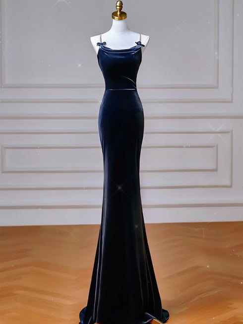 Navy Blue Mermaid Straps Velvet Long Party Dress, Navy Blue Velvet Long Prom Dress