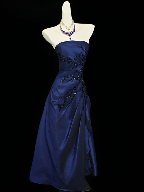 Strapless Navy Blue Prom Gown with Beaded Embroidery, A-line Navy Blue Long Party Dress
