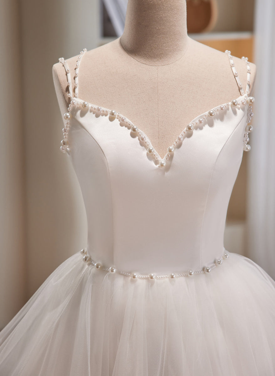 Cute White Short Tulle Beaded Graduation Dress, White Short Prom Dress Formal Dress US size 24W / White