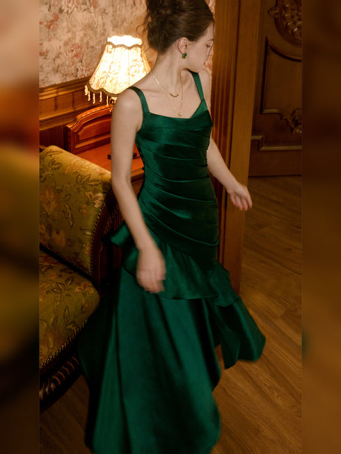 Green Satin Prom Dress Long Ruffle Evening Gown, Spaghetti Straps Formal Party Dress