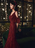 Wine Red Mermaid Tulle Beaded V-neckline Prom Dress, Wine Red Evening Dress