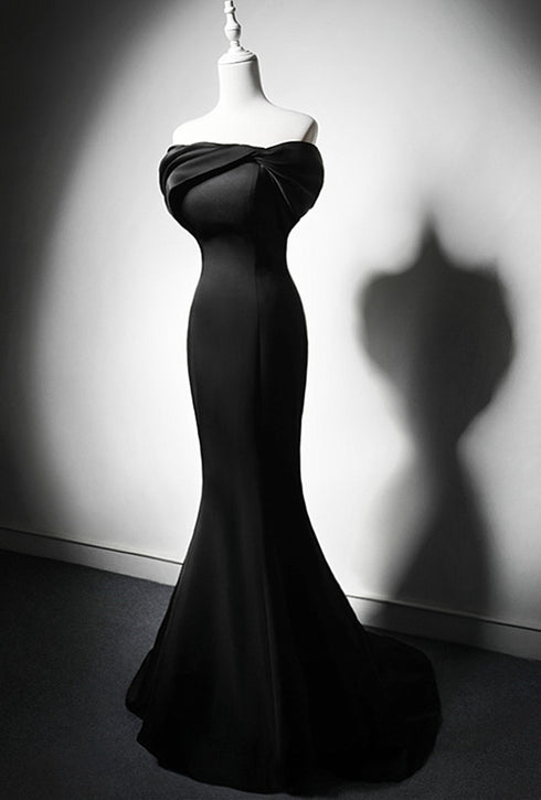 Black Mermaid Satin Off Shoulder Evening Dress, Black Satin Prom Dress