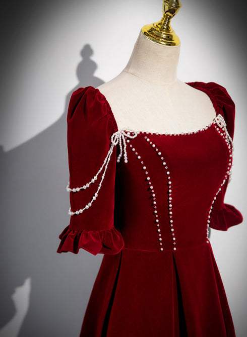 Wine Red Velvet Short Sleeves Long Prom Dress, Wine Red A-line Evening Dress