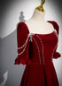 Wine Red Velvet Short Sleeves Long Prom Dress, Wine Red A-line Evening Dress