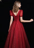 Wine Red Short Sleeves Tulle V-neckline Long Prom Dress, Wine Red Evening Dress