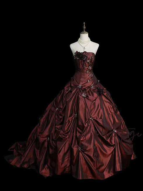 Burgundy Strapless Floral Applique Ball Gown Taftta Prom Dress, Burgundy Long Quinceanera Dress