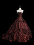 Burgundy Strapless Floral Applique Ball Gown Taftta Prom Dress, Burgundy Long Quinceanera Dress
