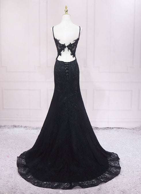 Black Lace Straps Long Party Dress Prom Dress, Black Evening Dress