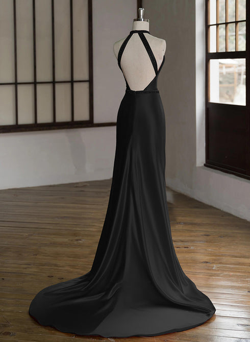 Black Halter Low Back Satin Long Evening Dress, Black Simple Prom Dress