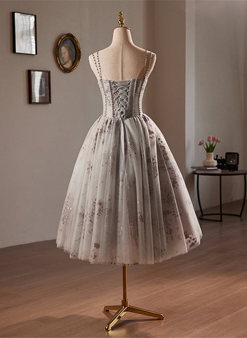 Grey Sweetheart Tulle Beaded Straps Homecoming Dress, Grey Tulle Prom Dress