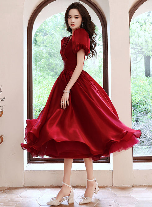 Wine Red Satin V-neckline Tea Length Party Dress, Wine Red Homecoming Dress
