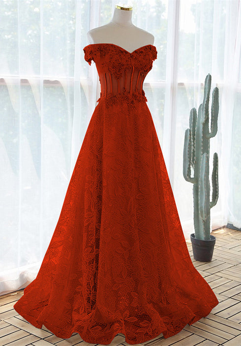 A-line Red Lace Off Shoulder Sweetheart Prom Dress, Red Lace Evening Dress