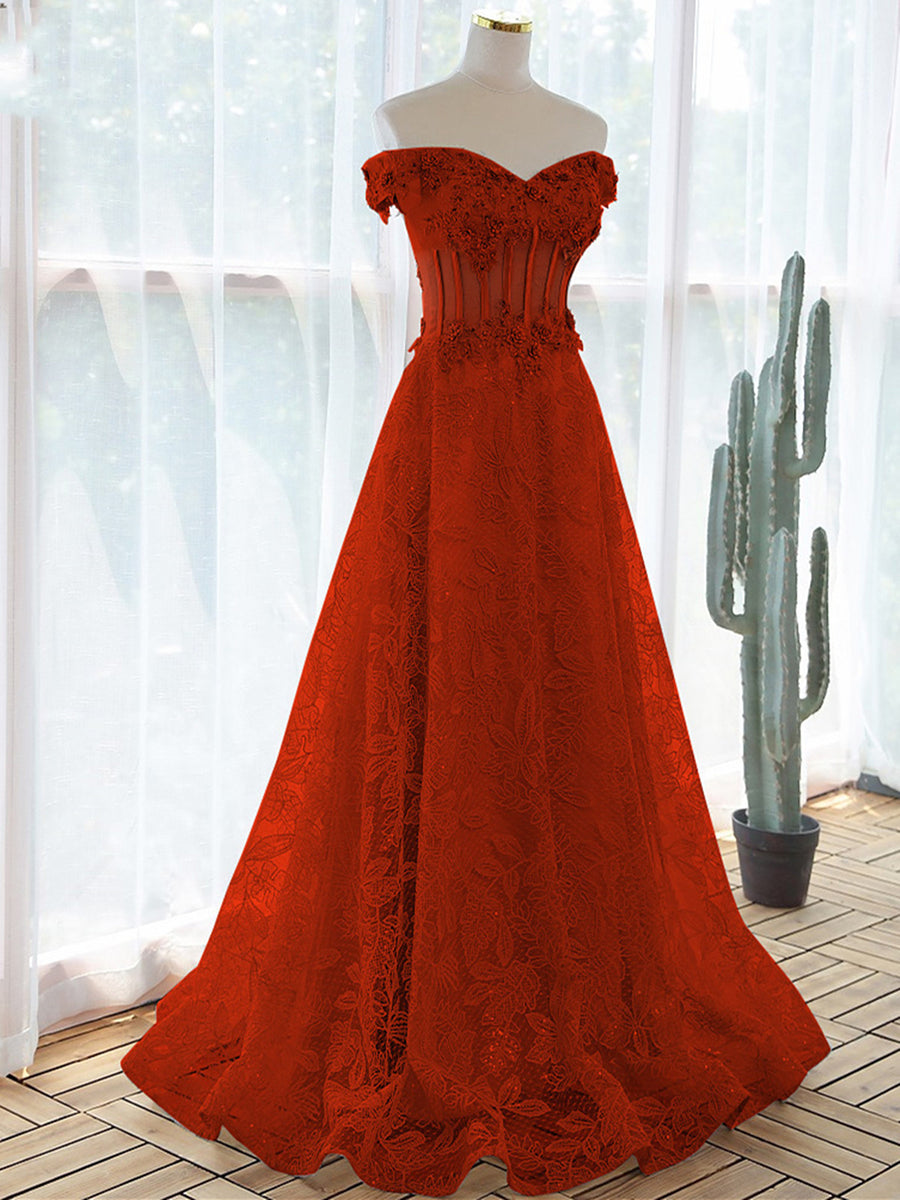 Red A-line Off Shoulder Lace Flowers Prom Dress, Red Lace Long Party D –  BeautyDressy
