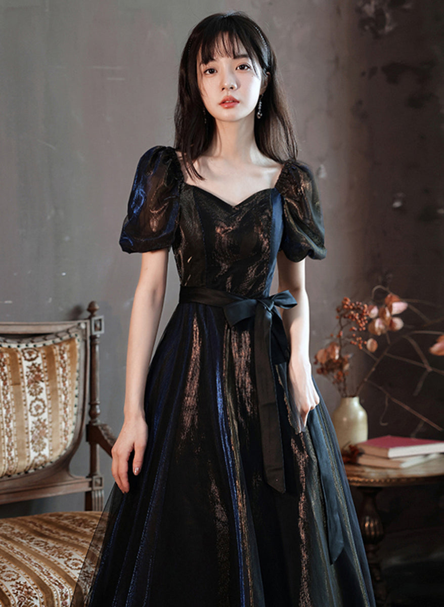 Black A-line Short Sleeves Tulle Long Formal Dress, Black Evening Dres