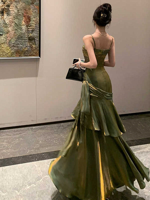 Green Chic Straps Long Prom Dress, Ruched Mermaid Green Evening Gown