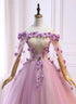 Pink Tulle Ball Gown Flowers Long Sweet 16 Dress, Pink Tulle Formal Dress