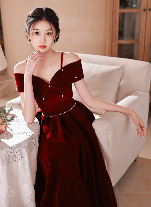 Wine Red Off Shoulder Straps Tea Length Formal Dress, Wine Red Homecoming Dress