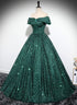 Dark Green Sequins Off Shoulder Ball Gown Prom Dress, Dark Green Formal Dress