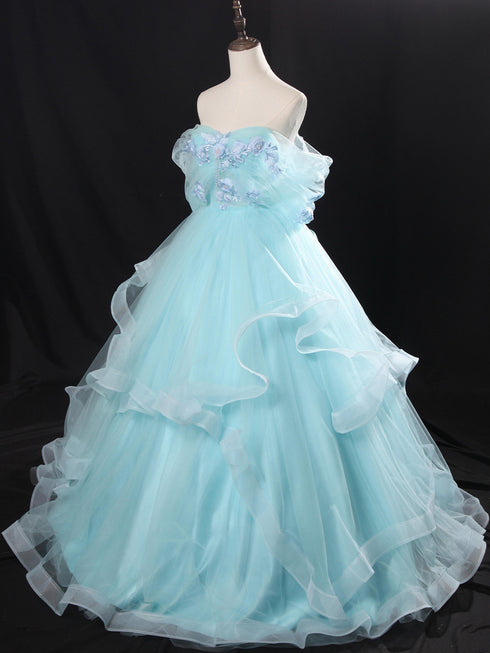Light Blue Tulle Ball Gown with Floral Lace Applique Party Dress, Off Shoulder Corset Quinceañera Dress