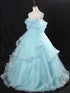 Light Blue Tulle Ball Gown with Floral Lace Applique Party Dress, Off Shoulder Corset Quinceañera Dress