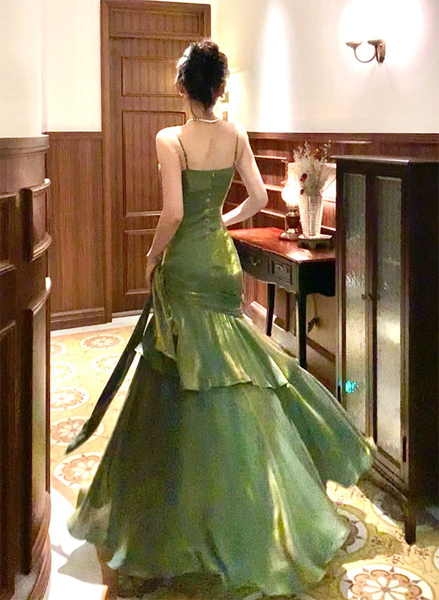 chinese dress ladies Green Satin Mermaid Gown, Beautiful Spaghetti Strap Evening Formal Dress US 10 / Custom Color