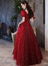 Wine Red Short Sleeves A-line Tulle Long Prom Dress, Wine Red Long Evening Dress