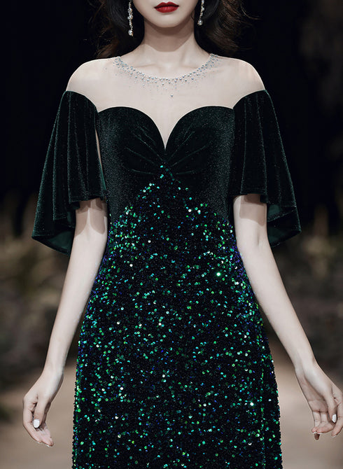 Dark Green Velvet and Sequins Mermaid Long Prom Dress, Dark Green Formal Dress