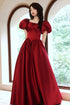 Wine Red A-line Beaded Short Sleeves Prom Dress, A-line Wine Red Long Formal Dress