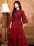 Wine Red Tulle Puffy Sleeves Long Party Dress, Wine Red Long Prom Dress