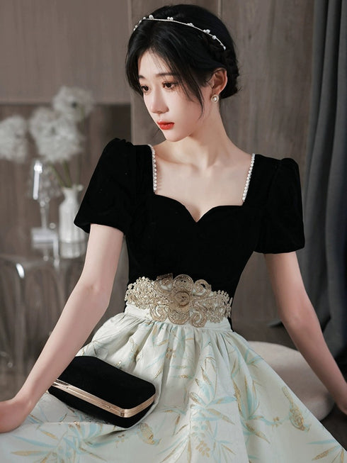 Lovely Short Sleeves Satin and Velvet Party Dress, Sweetheart Short Homecoming Dress