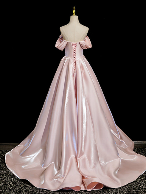 A-line Pink Satin Strapless Long Formal Dress, Pink Satin Off Shoulder Prom Dress
